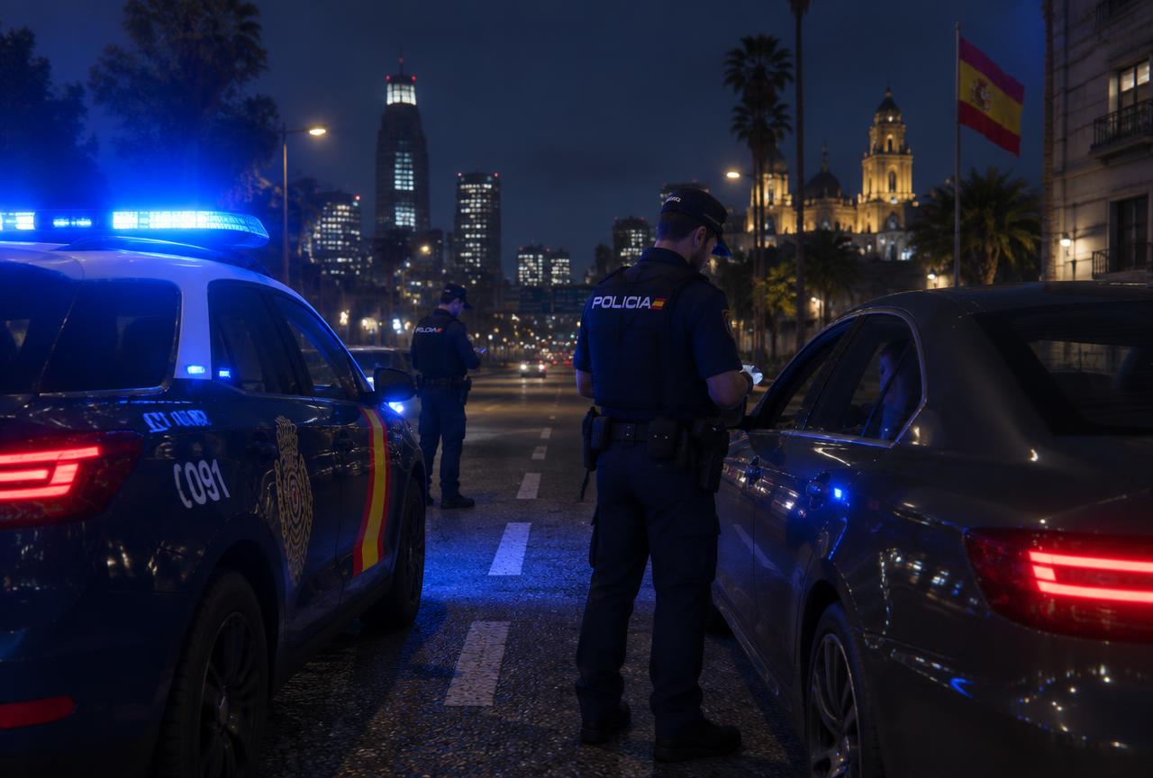 Control policial nocturno en una avenida española