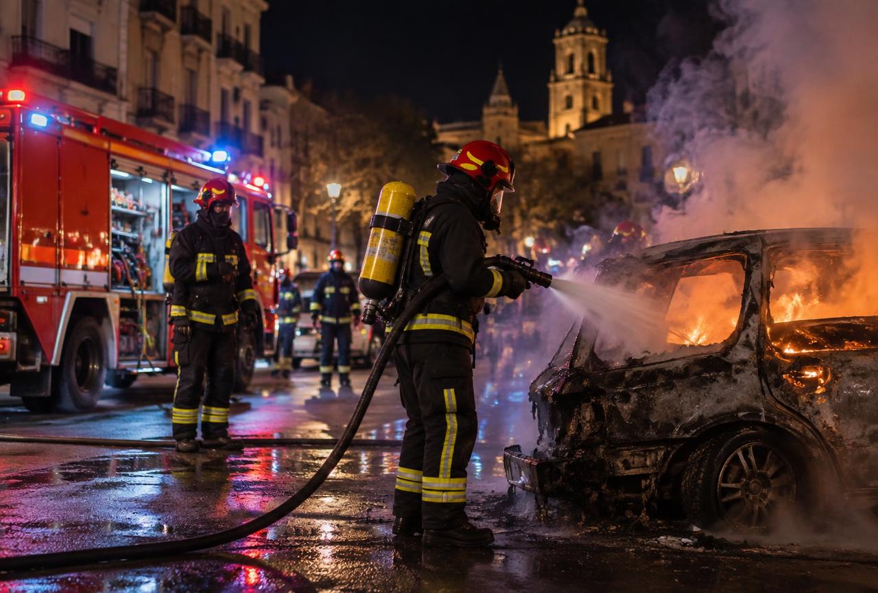 Bomberos españoles extinguiendo un vehículo en llamas