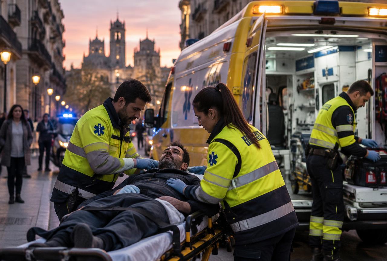 Sanitarios atendiendo a un paciente junto a una ambulancia