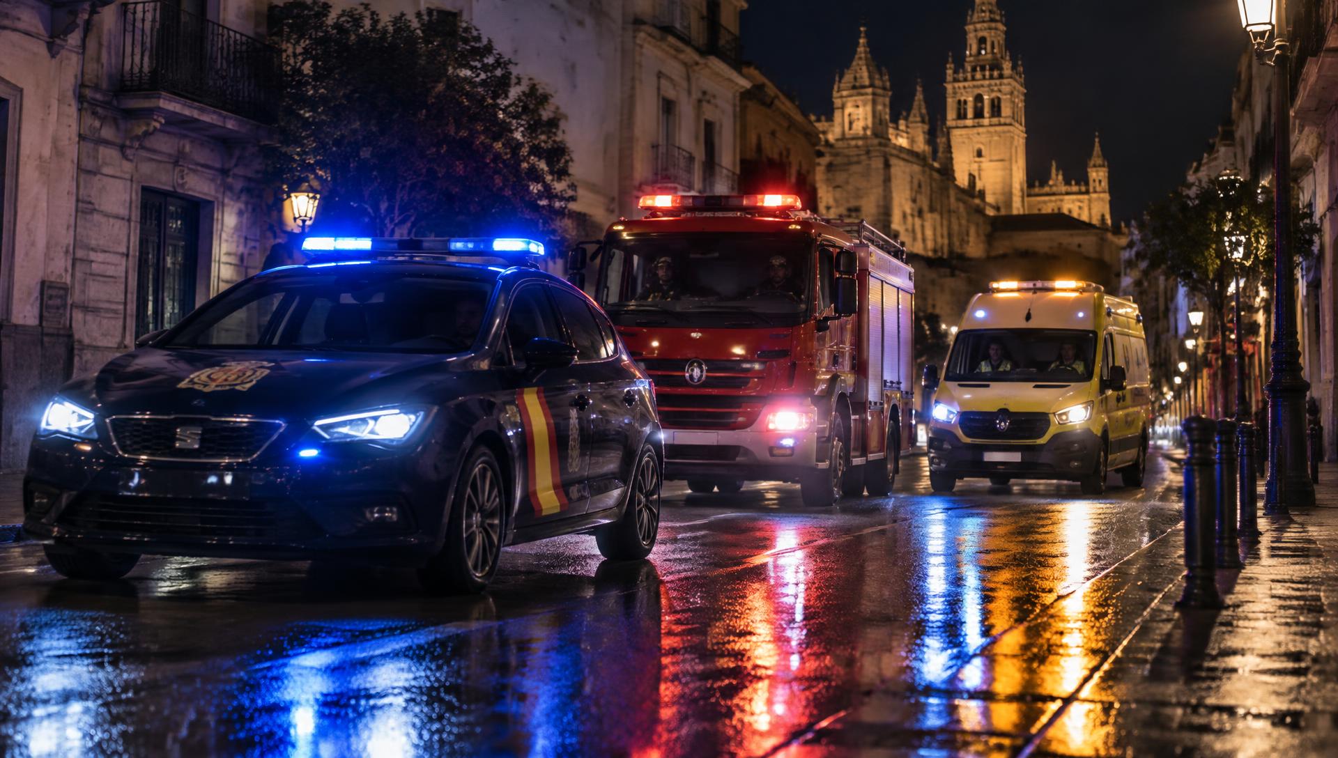 Coche patrulla, camión de bomberos y ambulancia con luces de emergencia en una calle española